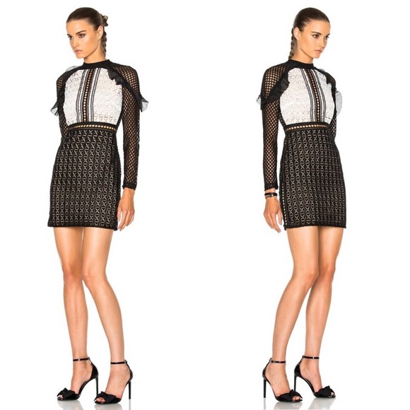 New Self-Portrait Geometric Monochrome Mini Dress in Black/White - Picture 3 of 13